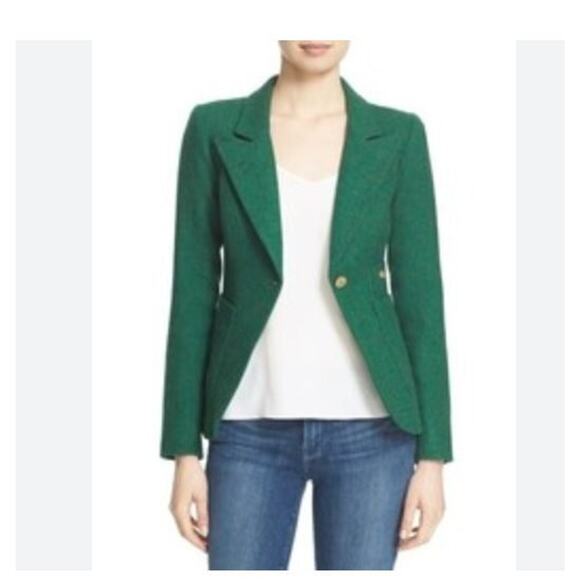 SMYTHE Sz 10 Green Duchess Wool Elbow Patch Suede Trim Jacket Blazer - Picture 10 of 13